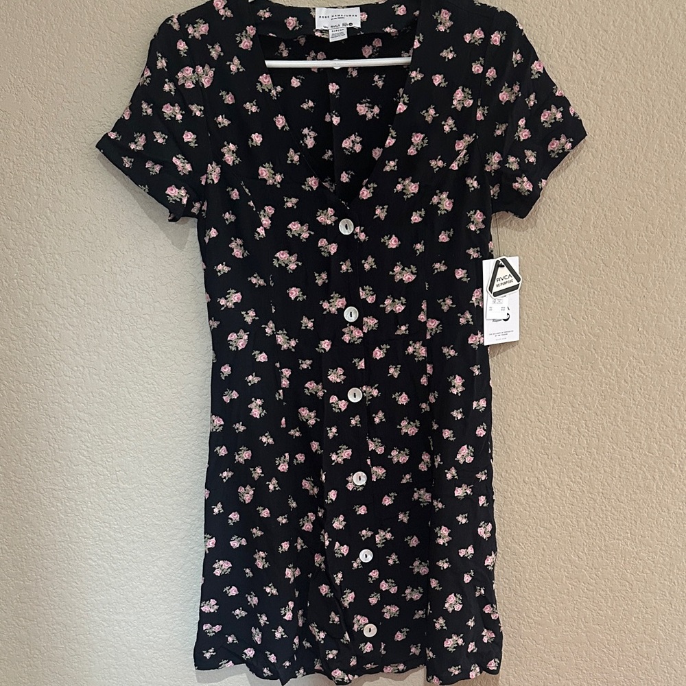 RVCA Black and Pink Floral Midi Dress, Women Size S.